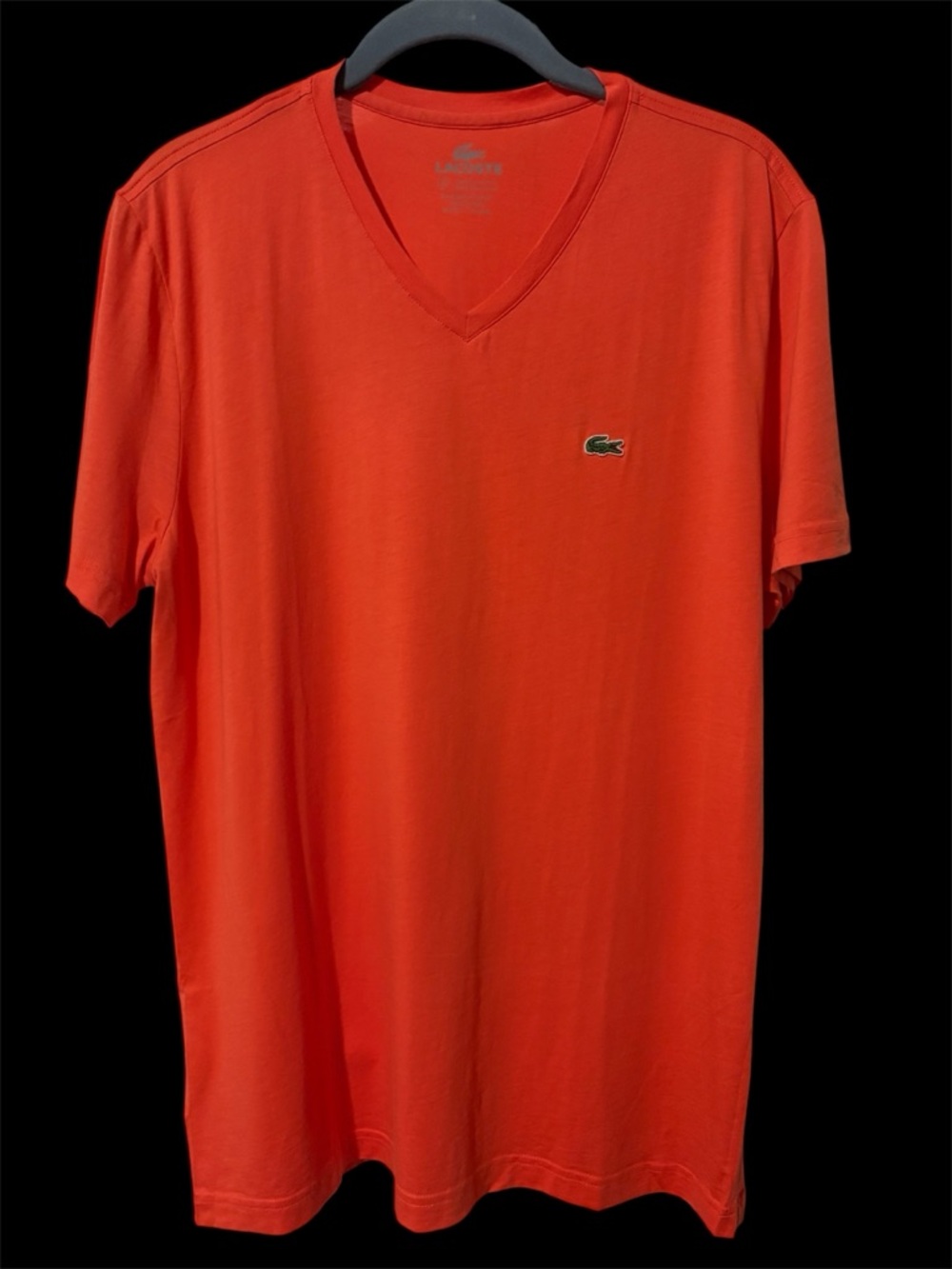 Lacoste Men’s V-Neck Tee in Bright Orange with Green Crocodile Logo